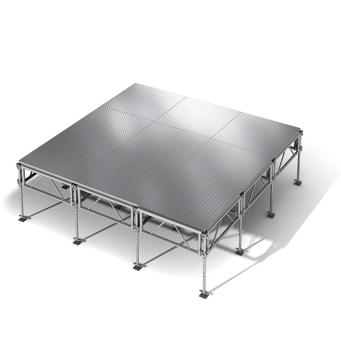 Modular aluminum stage platform with dark deck panels and adjustable support legs