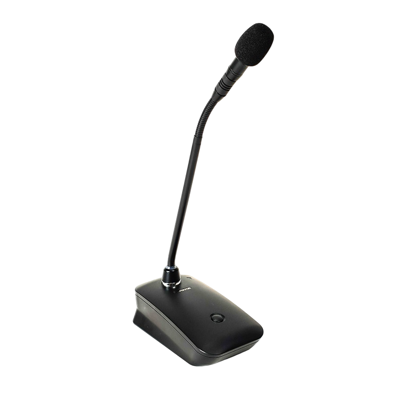 Tabletop gooseneck conference microphone with a control base and green indicator light