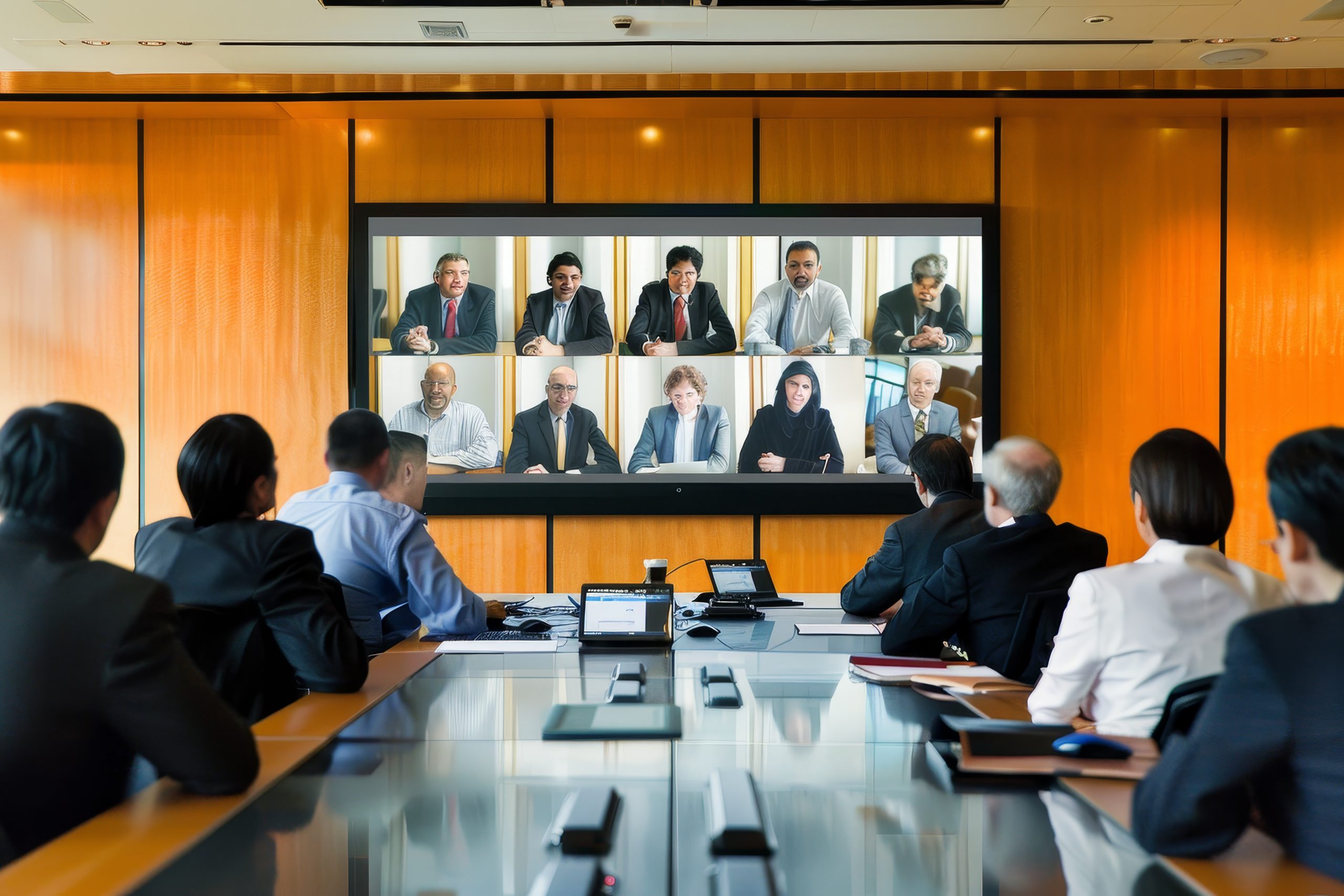 Business meeting with remote participants displayed on a large screen.