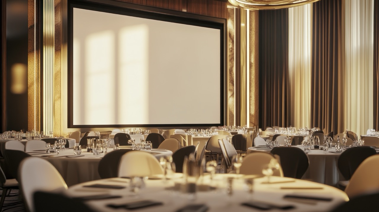 Projector and screen setup in a hotel ballroom for an event