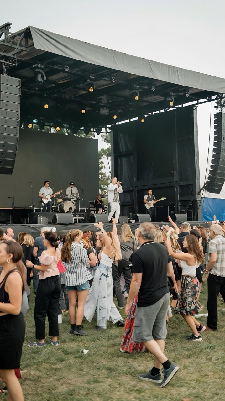 Outdoor concert stage with performers, hanging speakers, lighting, and a crowd on the grass
