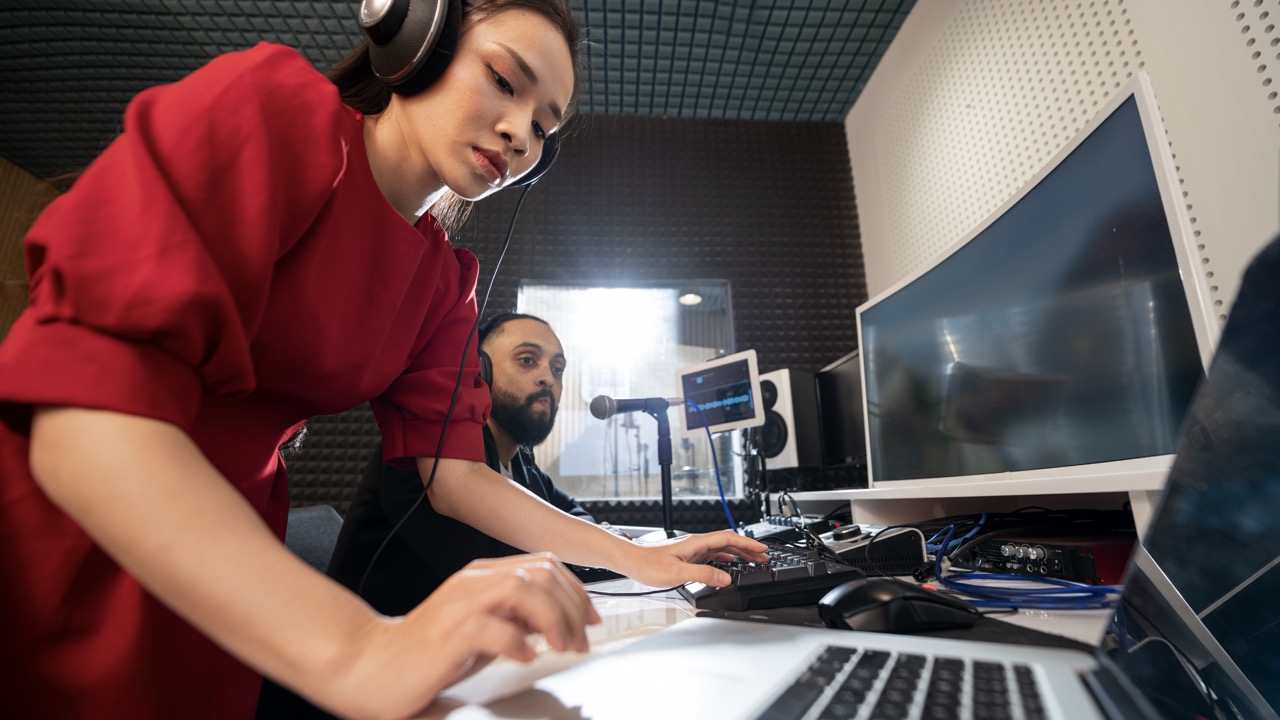 Two people wearing headsets and operating audio equipment in a sound-treated studio