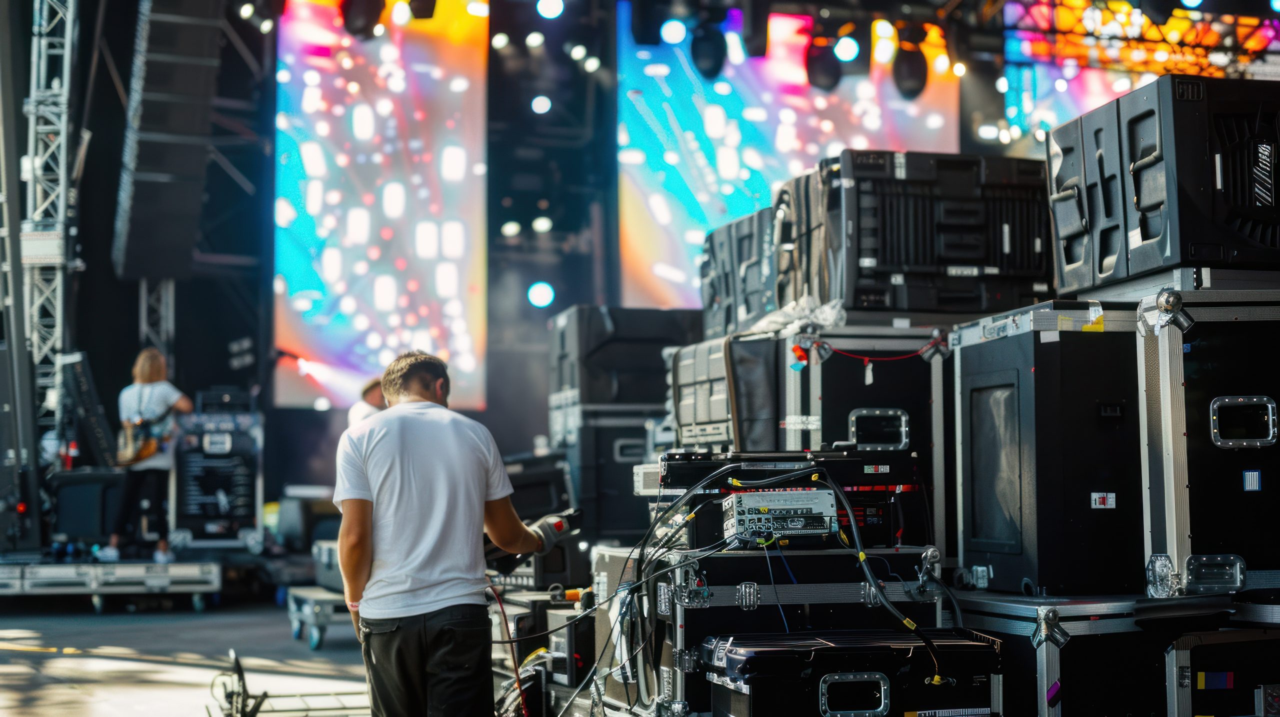 Technician beside stacked equipment racks and road cases at the side of a brightly lit stage