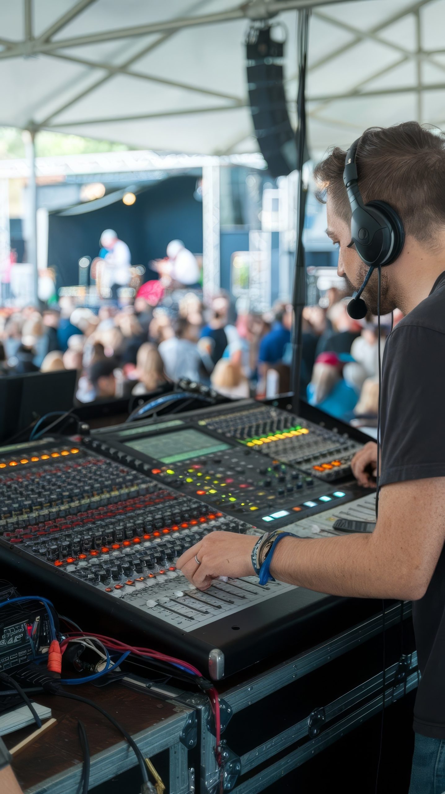 Sound engineer operating a digital mixing console at a crowded outdoor event