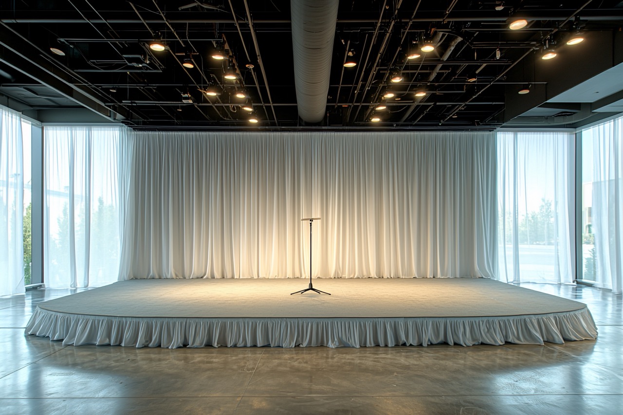 Empty low stage with gray skirting, a central microphone stand, and white curtains behind it