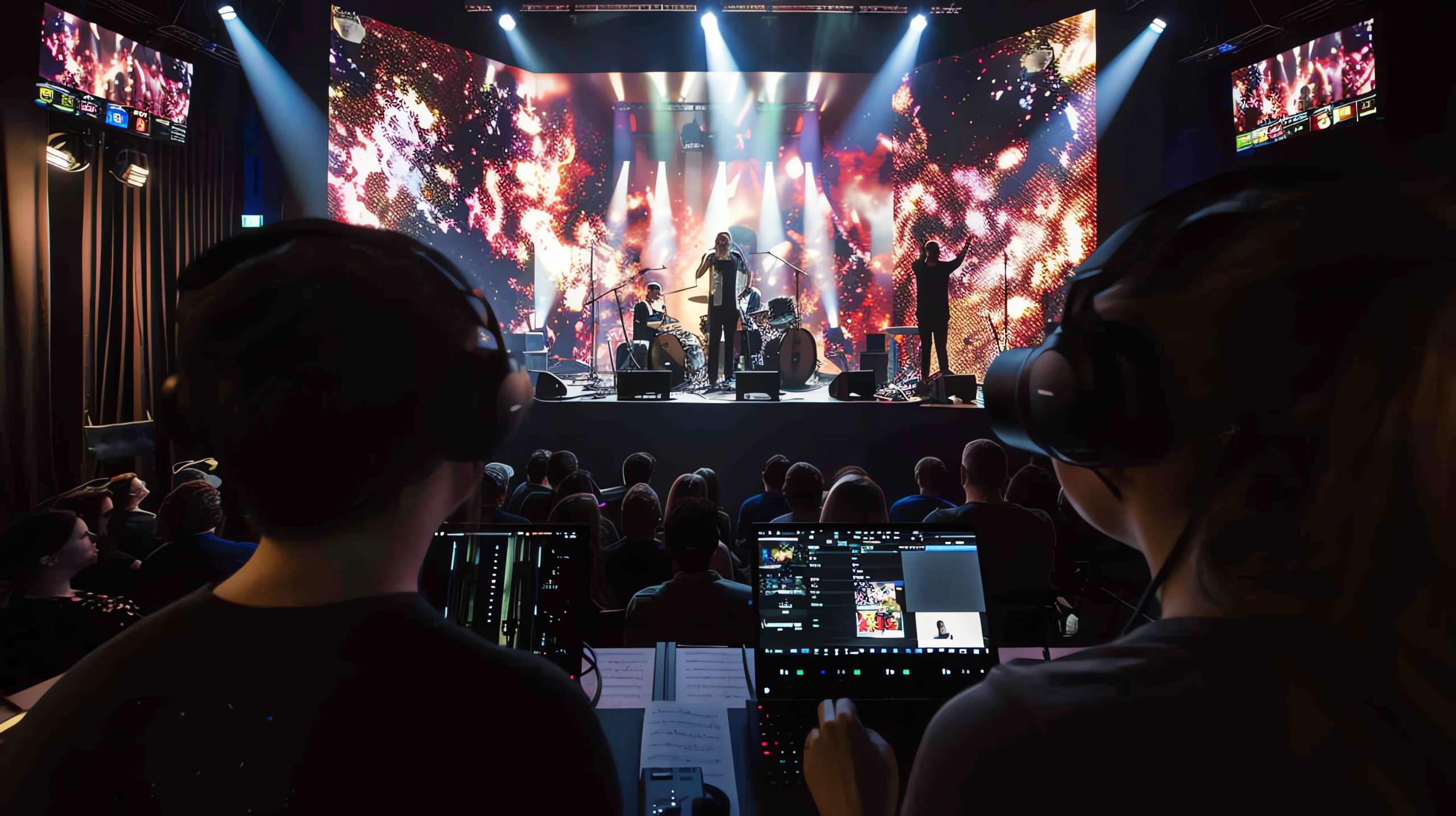 Two production technicians monitor a live concert from a control desk behind the audience