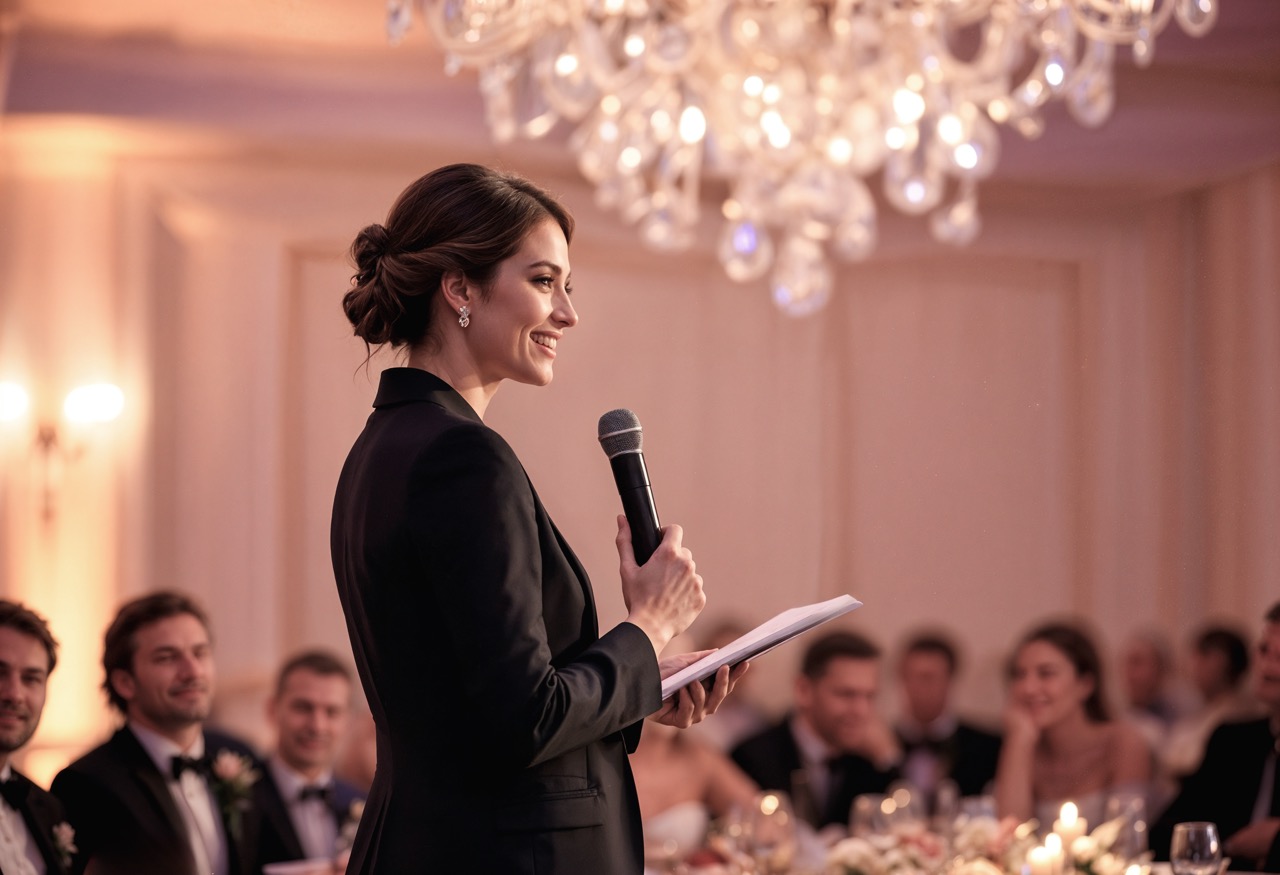 Woman holding a handheld microphone and notes at a formal indoor banquet.